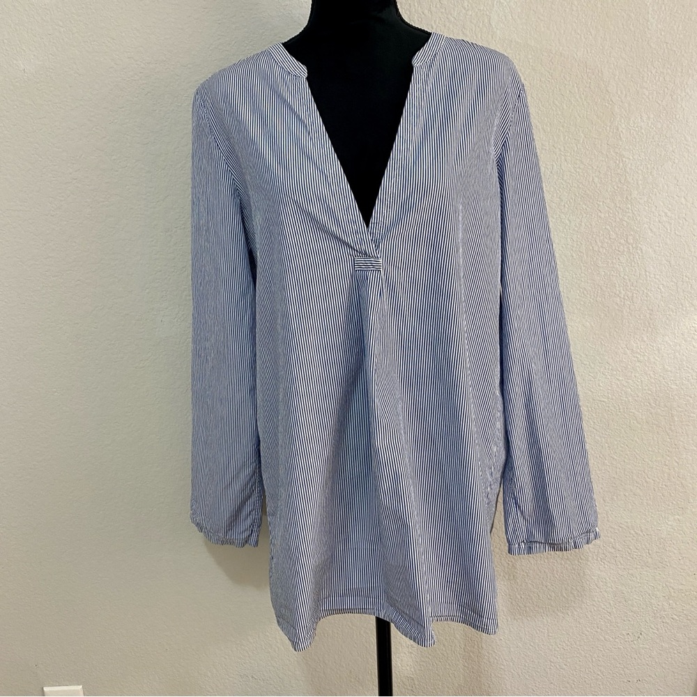 Theory Blue & White Striped Ofeliah Tunic Blouse Cotton‎ V-Neck Large